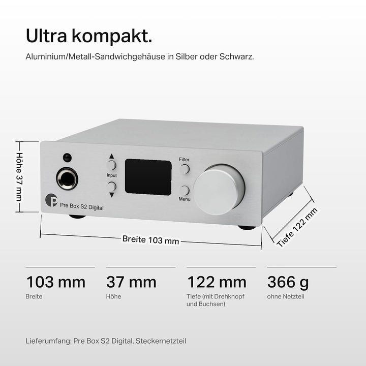 Pro-Ject Pre Box S2 Digital, Audiophiler Stereo Vorverstärker (Silber), Silber