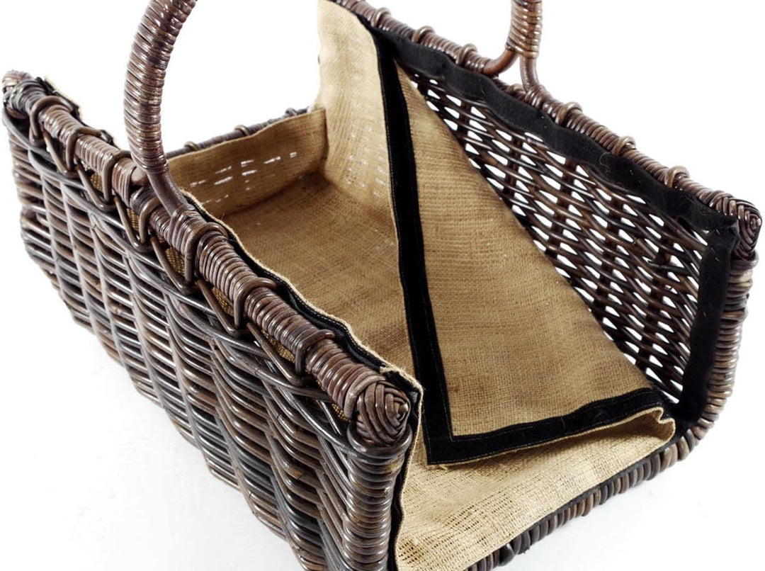 Kobolo Holztrage Holzkorb für Kaminholz - eckig aus Rattan-Krabu mit Jutefutter ausgestattet Braun