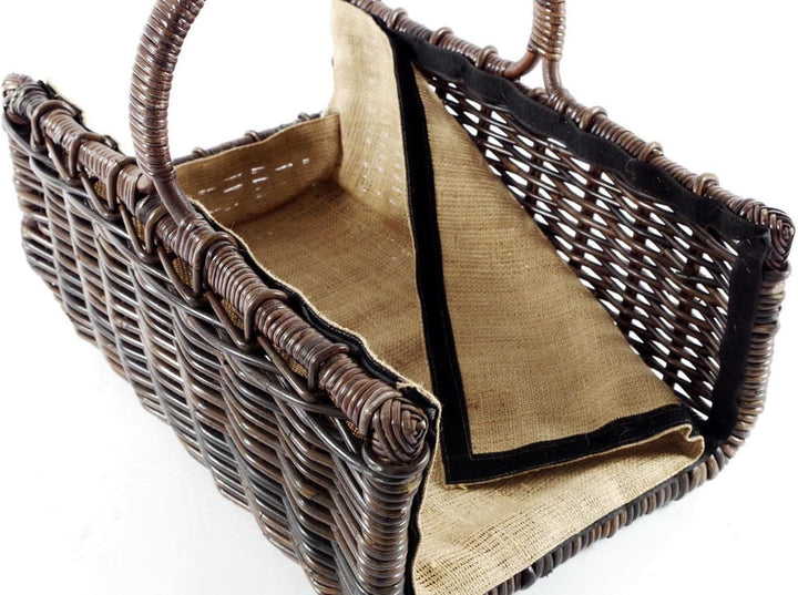 Kobolo Holztrage Holzkorb für Kaminholz - eckig aus Rattan-Krabu mit Jutefutter ausgestattet Braun