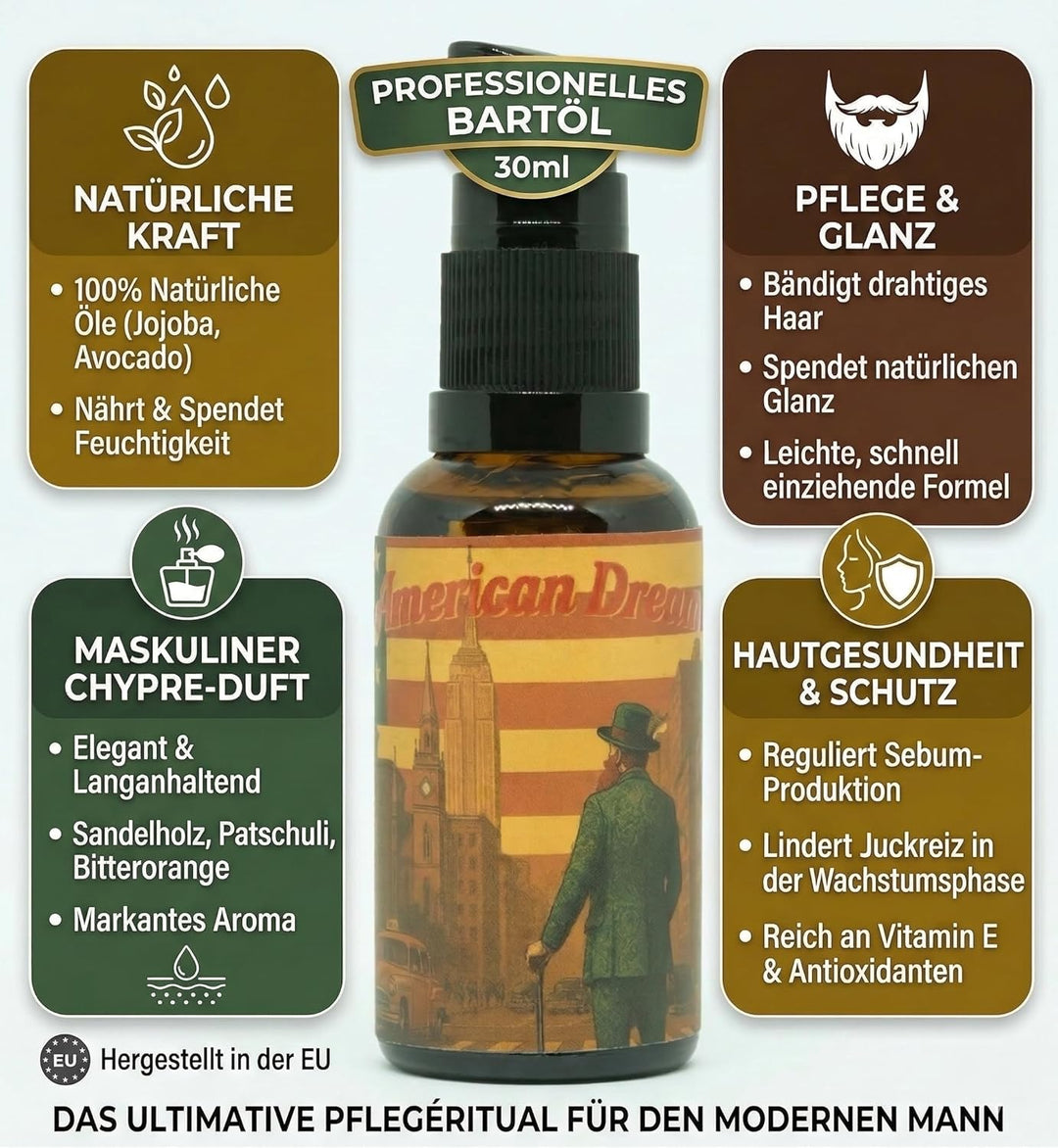 American Dream Bartöl 30ml Nährendes Öl für Bart & Gesicht Leichte Formel mit Jojoba, Hanf & Avocado