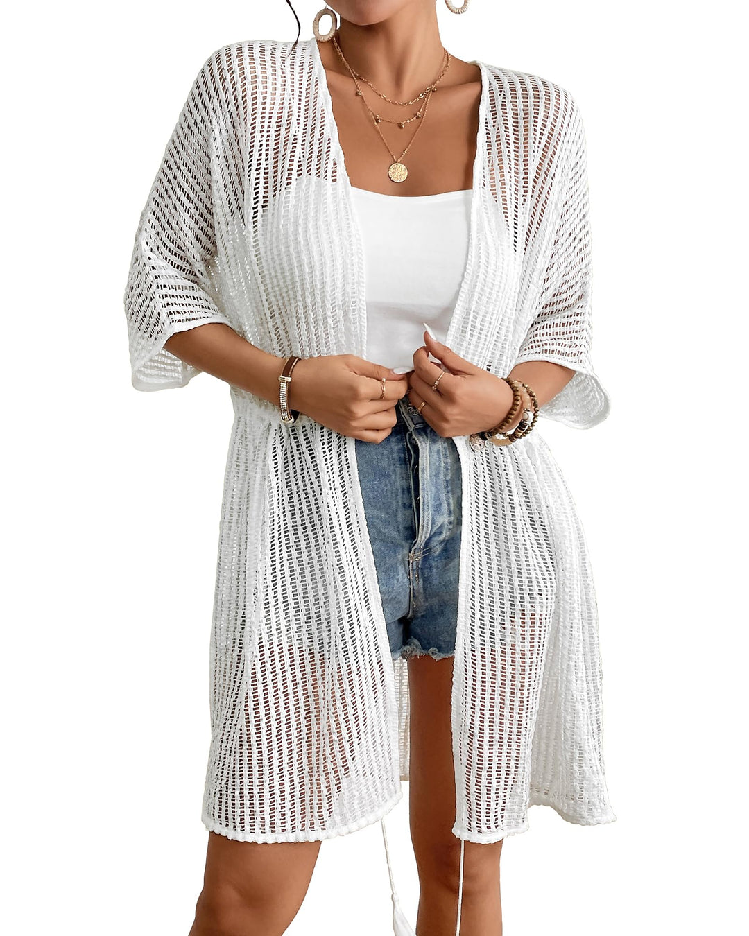 Bsubseach Damen Sexy Lace Crochet Open Front Badeanzug Strand Lange Kimono Cover Ups Weiss/Opulenter