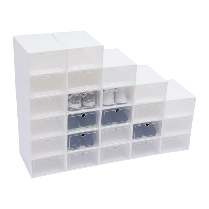 24 weisse stapelbare Schuhboxen aus Kunststoff, Transparente Aufbewahrungsboxen mit Deckel für Schuh