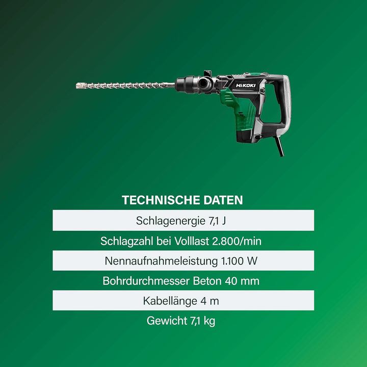 HiKOKI Bohr- & Meisselhammer DH40MC (1100W, 7.1 J, 40 mm Bohrleistung in Beton, SDS-max-Werkzeugaufn