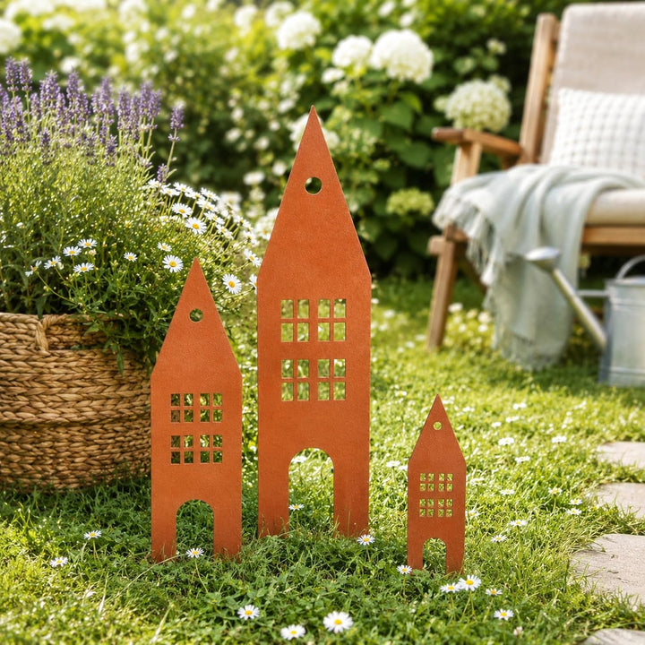 UNUS Garden Häuser Gartenstecker 3er Set, Gartendeko Rostoptik, Roststecker aus Edelrost Metall, Ros