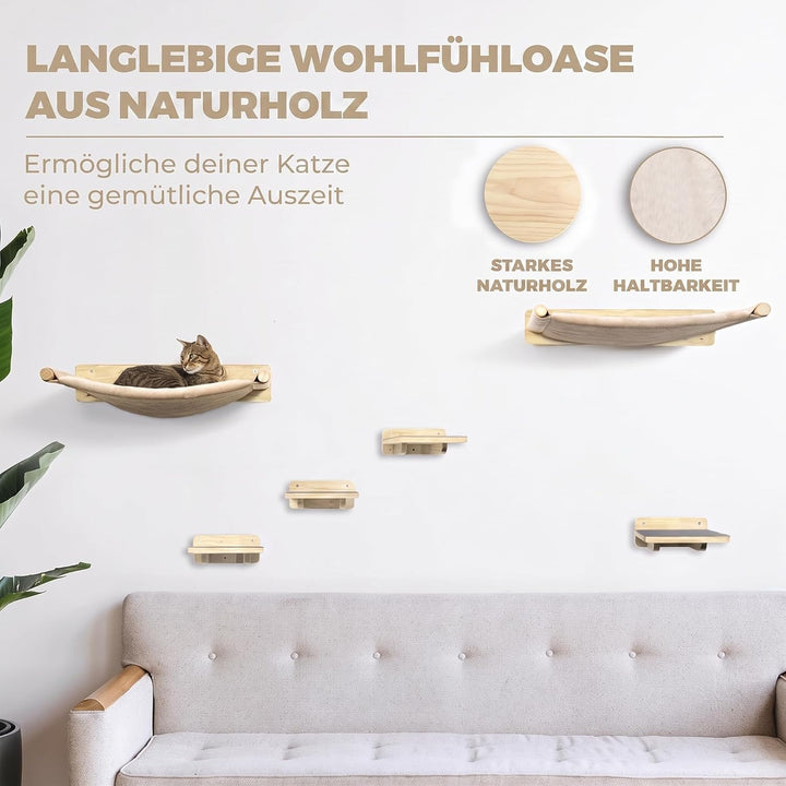 WOOWOOD Katzen Kletterwand 6-teilig, 2 Hängematten, 4 Katzentreppen | Wandmontage ohne Bodenfläche,