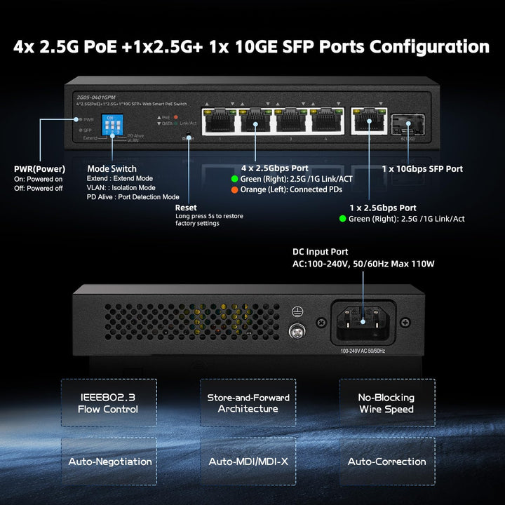 6-Port-2,5G-PoE-Managed-Switch, 10G-SFP+-Steckplatz, IEEE802.3af/at 100W, unterstützt Trunk/LACP/VLA