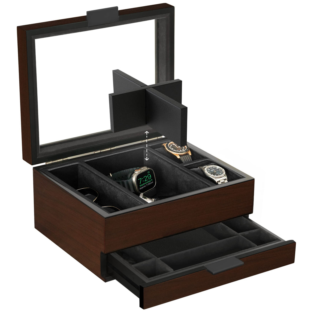 CASE ELEGANCE Uhrenbox mit 8 Fächern für Herren, Kirschholz-Walnuss-Finish, Uhrenvitrine, modulares