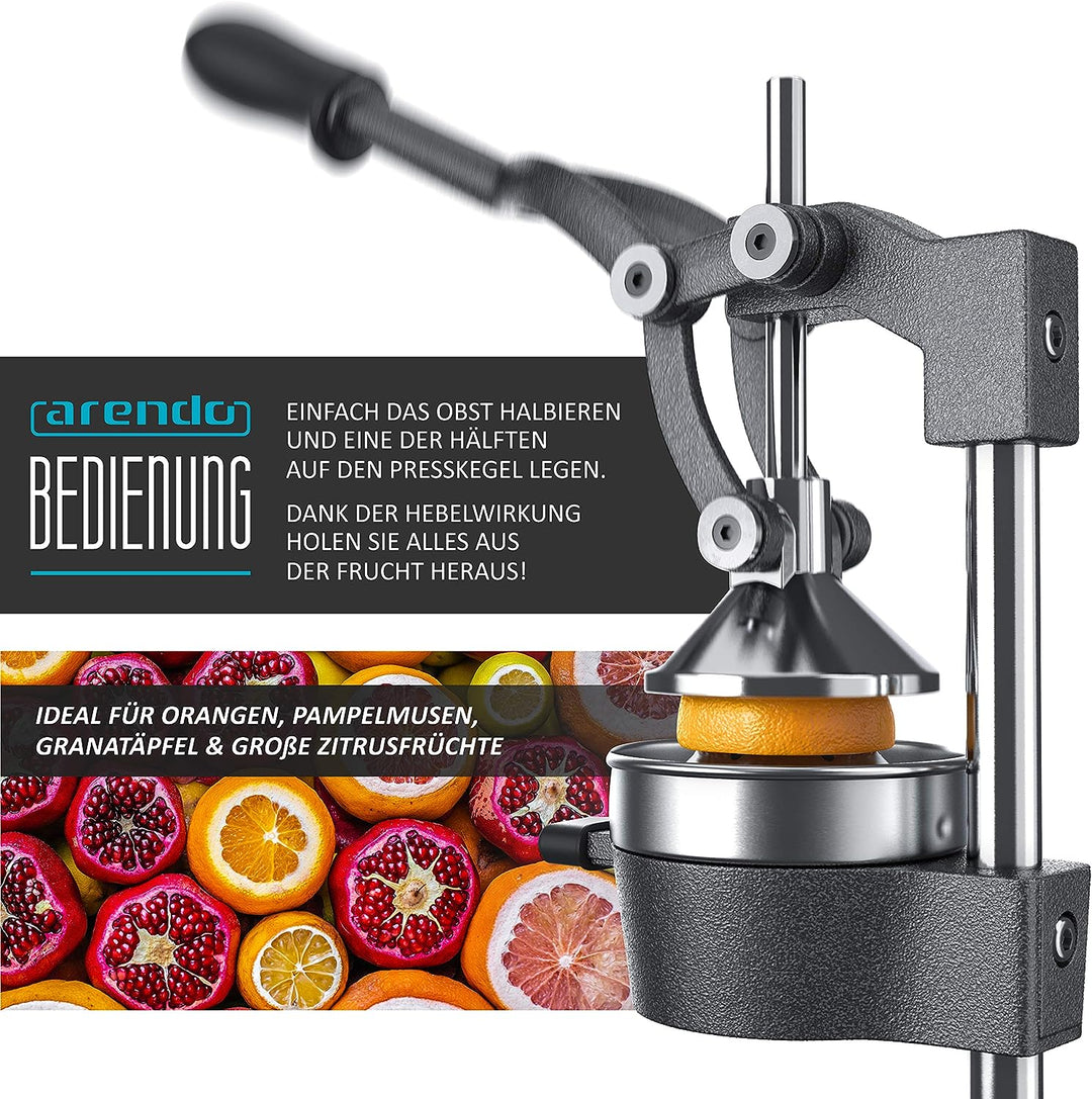 Arendo - Saftpresse - Handentsafter Edelstahl - mechanischer Entsafter – Orangenpresse Zitruspresse
