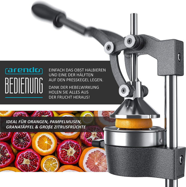 Arendo - Saftpresse - Handentsafter Edelstahl - mechanischer Entsafter – Orangenpresse Zitruspresse
