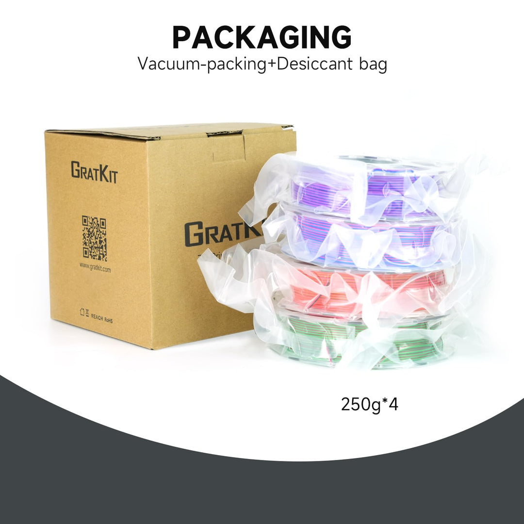 GratKit Silk PLA Filament für 3D Drucker, 1kg, Tricolor 4x250g, Multicolor | 1,75mm, Massgenauigkeit
