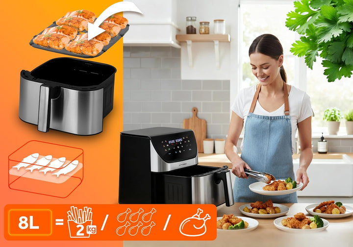 Berdsen Heissluftfritteuse XXL 8L - Airfryer mit Touchscreen - 1700W - 12 Programme - Gesund ohne Fe