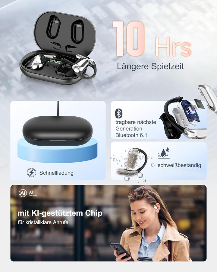 Open Ear Kopfhörer 50 Std Bluetooth 6.1 KI Kopfhörer 1 std Schnellladung Kabellos HiFi Kopfhörer mit