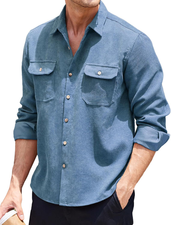 COOFANDY C Herren Hemd Cord Langarm Freizeithemd mit Klappentasche Männer Jacke Button Up Hemdjacke