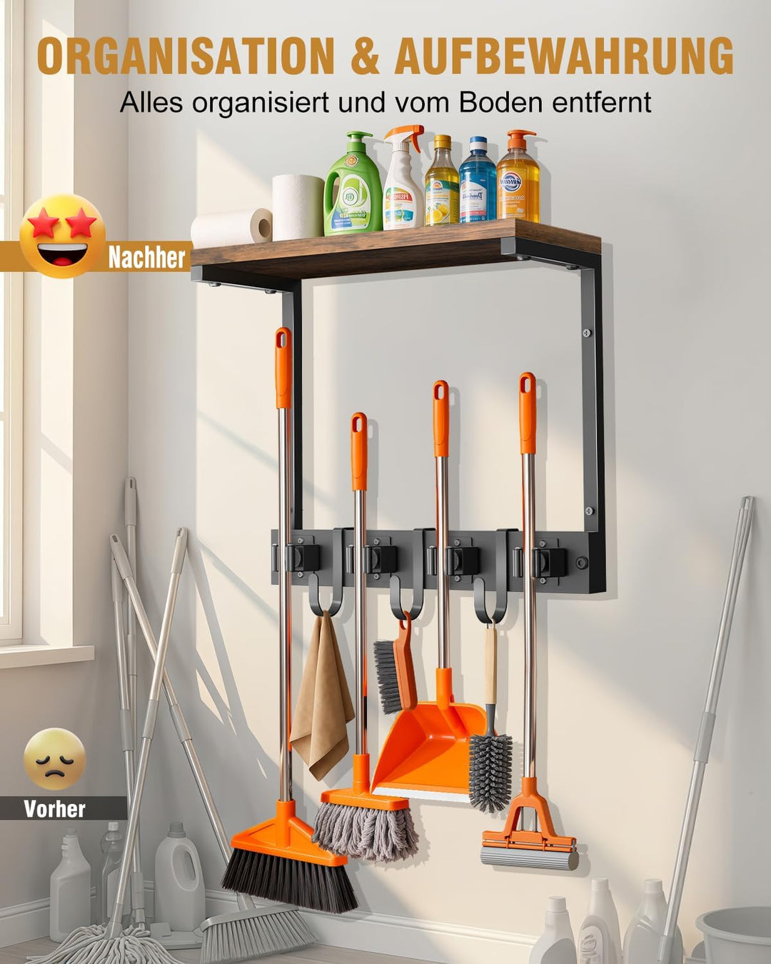 Supforce Besenhalter Wandmontage mit oberer Holzablage, robuster Gerätehalter aus Metall für Reinigu