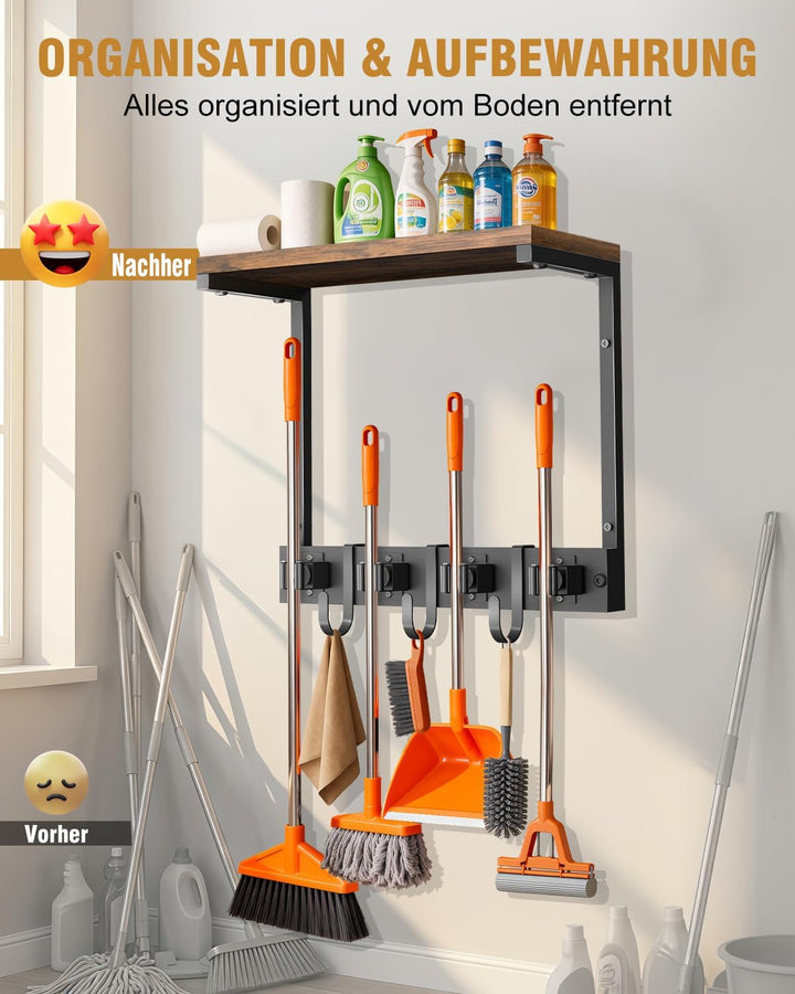 Supforce Besenhalter Wandmontage mit oberer Holzablage, robuster Gerätehalter aus Metall für Reinigu
