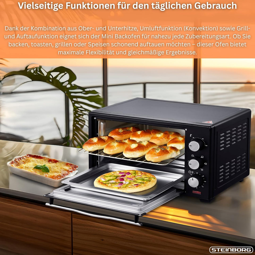 Mini Backofen 25 Liter | Pizza-Ofen | 3in1 Backofen | Minibackofen | Miniofen | Krümelblech | Ober-/