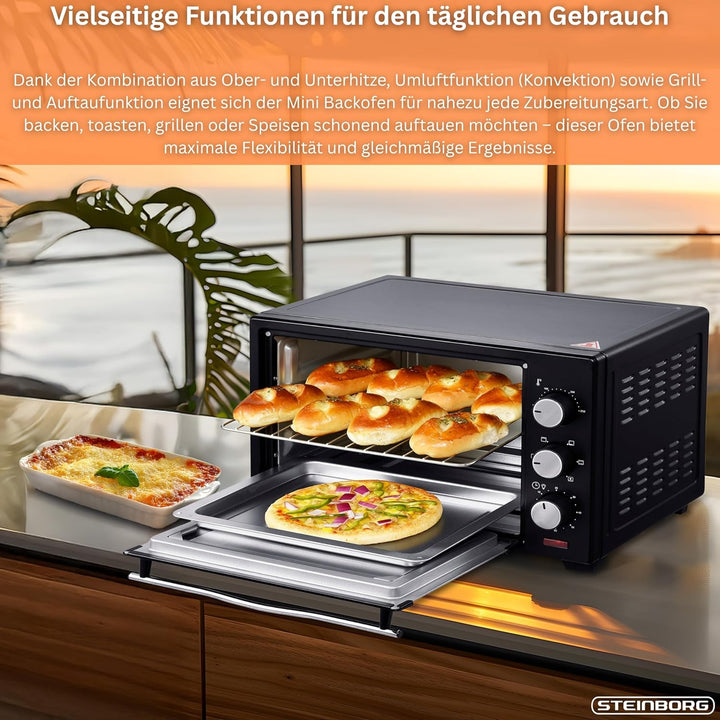 Mini Backofen 25 Liter | Pizza-Ofen | 3in1 Backofen | Minibackofen | Miniofen | Krümelblech | Ober-/