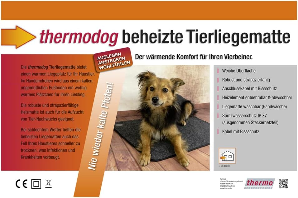 thermodog 3523001 beheizte Tierliegematte, Wollvlies, 580x810x7mm, 24V / 50W, Steckernetzteil abstec