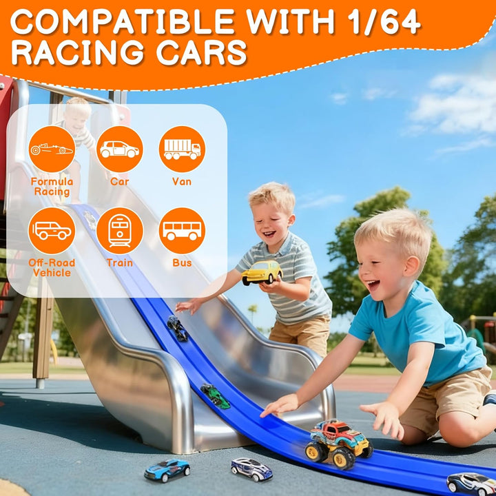 4M Flexible Autorennbahn Kinder,Dual Rennstrecke Rampen inkl 4 Spielzeugauto,Soft Rennbahn Spielzeug
