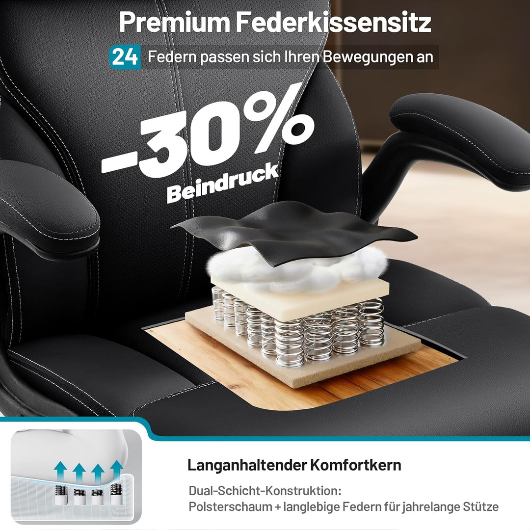 Chefsessel aus PU-Kunstleder, Bürostuhl Ergonomisch mit Verstellbaren Armlehnen und Hoher Rückenlehn