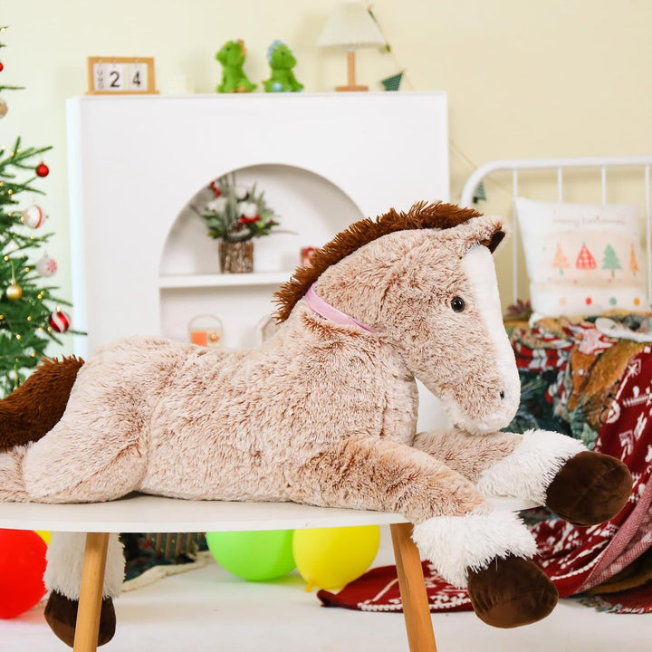 MorisMos 120cm lang riesen Pferd Kuscheltier XXL,Hellbraun gross Pony Pferd Plüschtier Stofftier,Geb