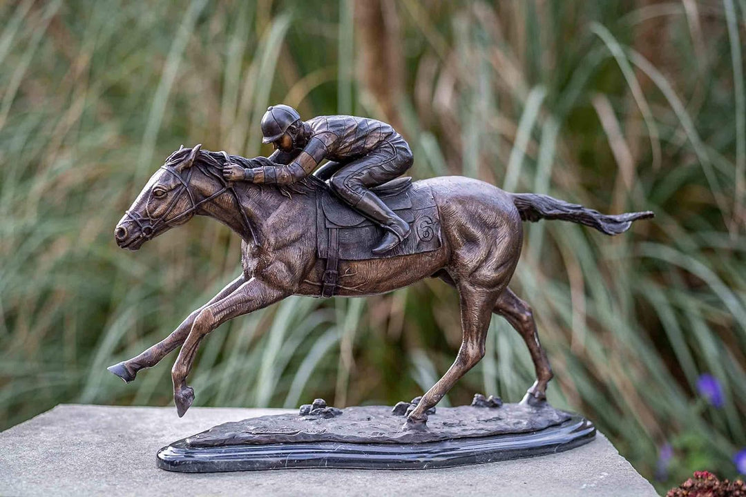 IDYL Bronze-Skulptur Jockey auf Pferd | 34x20x54 cm | Tierfigur aus Bronze handgefertigt | Gartensku