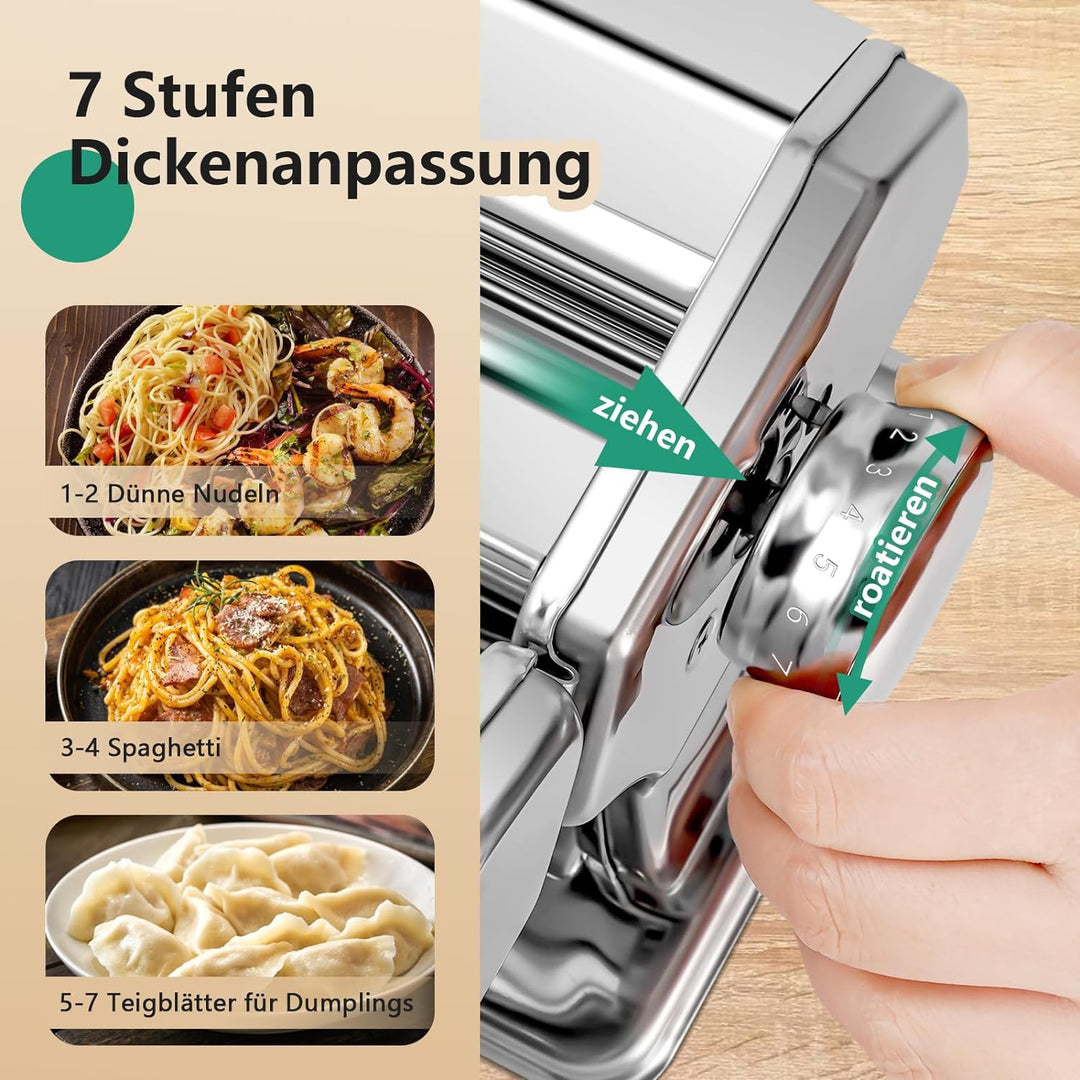Manuelle Nudelmaschine, Edelstahl Pastamaker mit zwei Breiten, Walze und Kutter aus Edelstahl mit 7