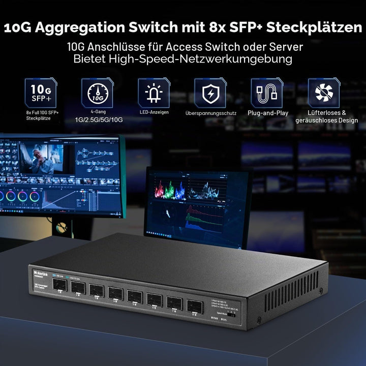 MokerLink 8 Port 10Gbps SFP+ Switch, unterstützt 1G/2.5G/10G SFP Module, 160Gbps Bandbreite, lüfterl