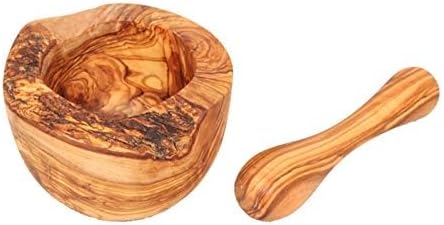 Mörser mit Stössel aus Olivenholz, Kräutermörser, handgefertigt mit Naturrand, Küchenmörser Holzmörs