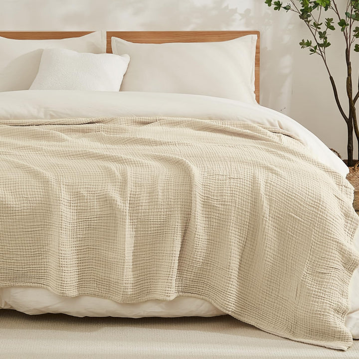 EMME Musselin-Decke Erwachsene, 100% Baumwolle, 230 x 230 cm Beige Sommer-Überwurf Decken für Couch,