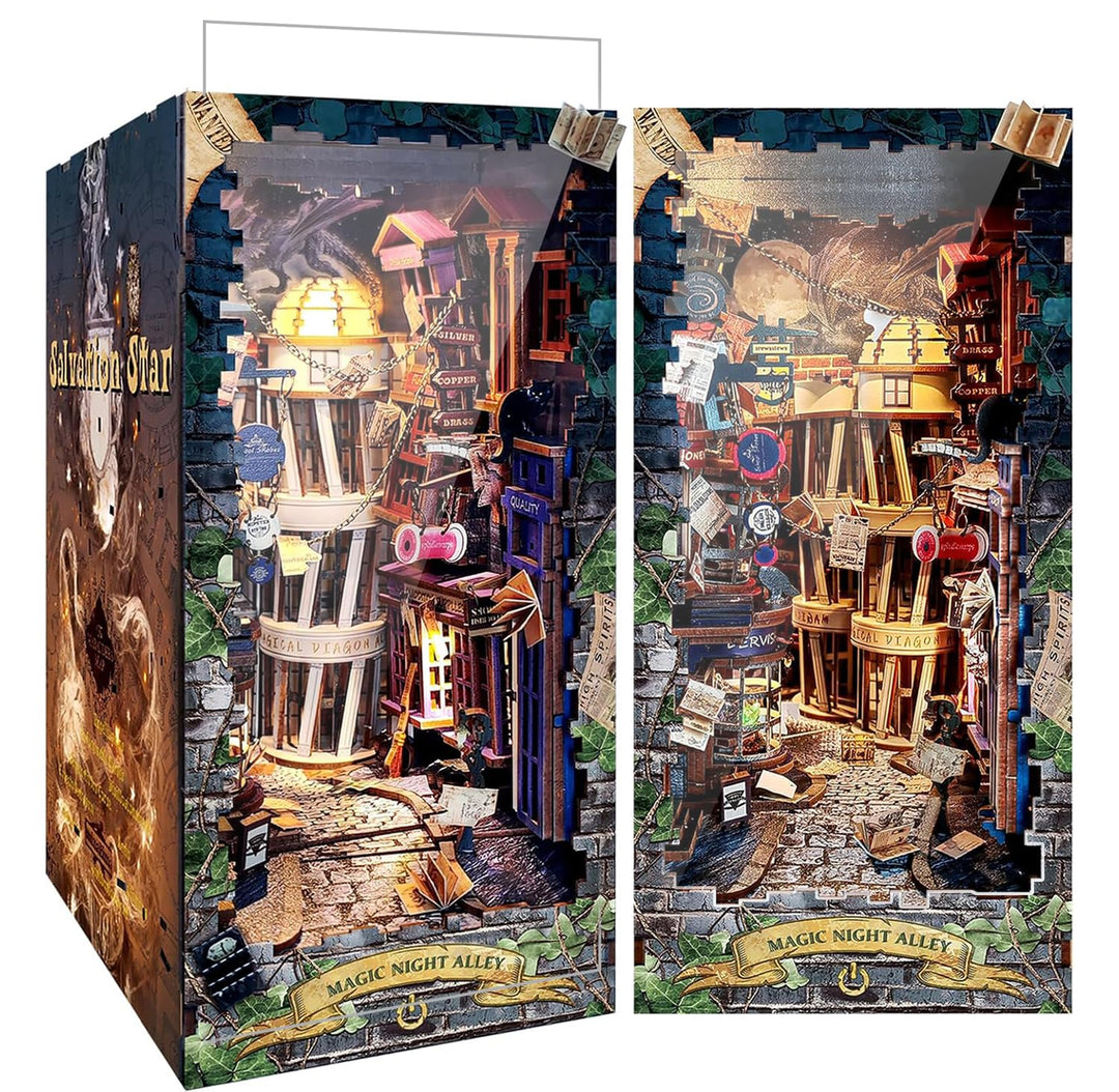 RONSTONE Book Nook- DIY Booknook Kit Miniatur Puppenhäuser mit Staubschutzhülle und LED Licht - Magi