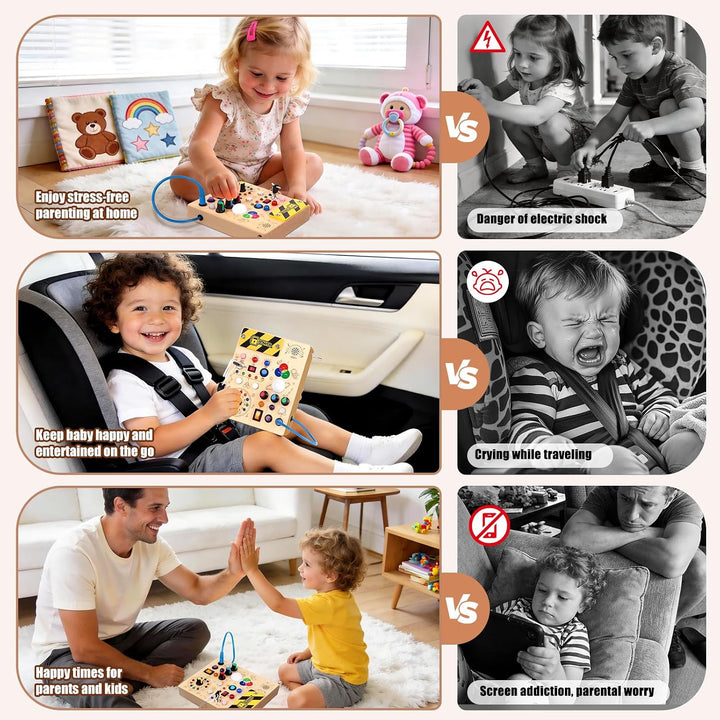 Konijiwa Montessori Busy Board Spielzeug ab 1 Jahr Activity Board Holzspielzeug mit 12 Schalter 24 L