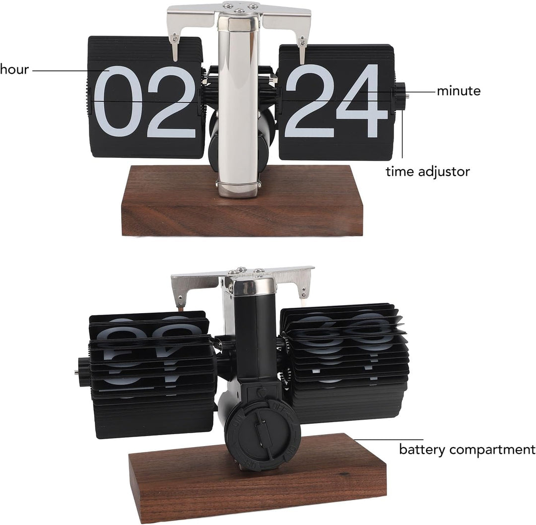 Greensen Retro Flip-Down-Uhr mit Schwarznussholz-Sockel Mechanische Auto Flip-Schreibtisch-Uhr 24H D