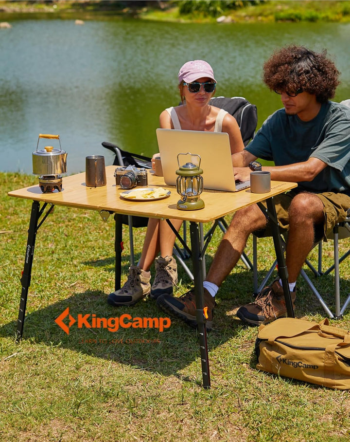KingCamp Campingtisch Bambus 100x70 cm Klapptisch höhenverstellbar 42~70cm für 2-6 Personen 4 Falten