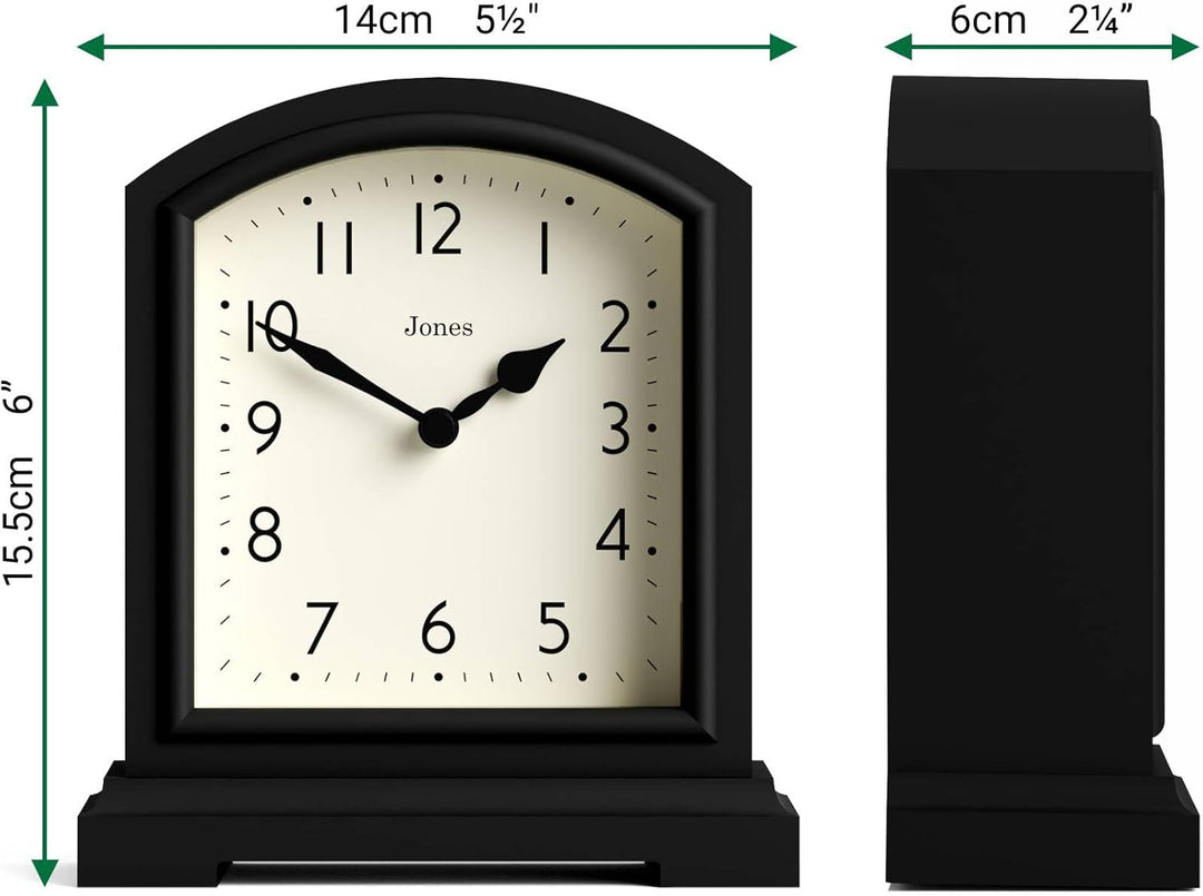 JONES CLOCKS® Tavern Kaminuhr | Modernes Bogenoberdesign | Schwarz | Zeitgenössischer klassischer St