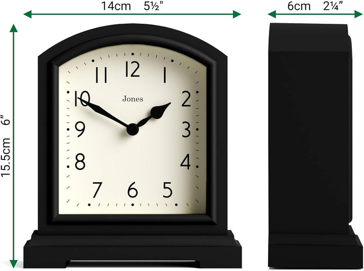 JONES CLOCKS® Tavern Kaminuhr | Modernes Bogenoberdesign | Schwarz | Zeitgenössischer klassischer St