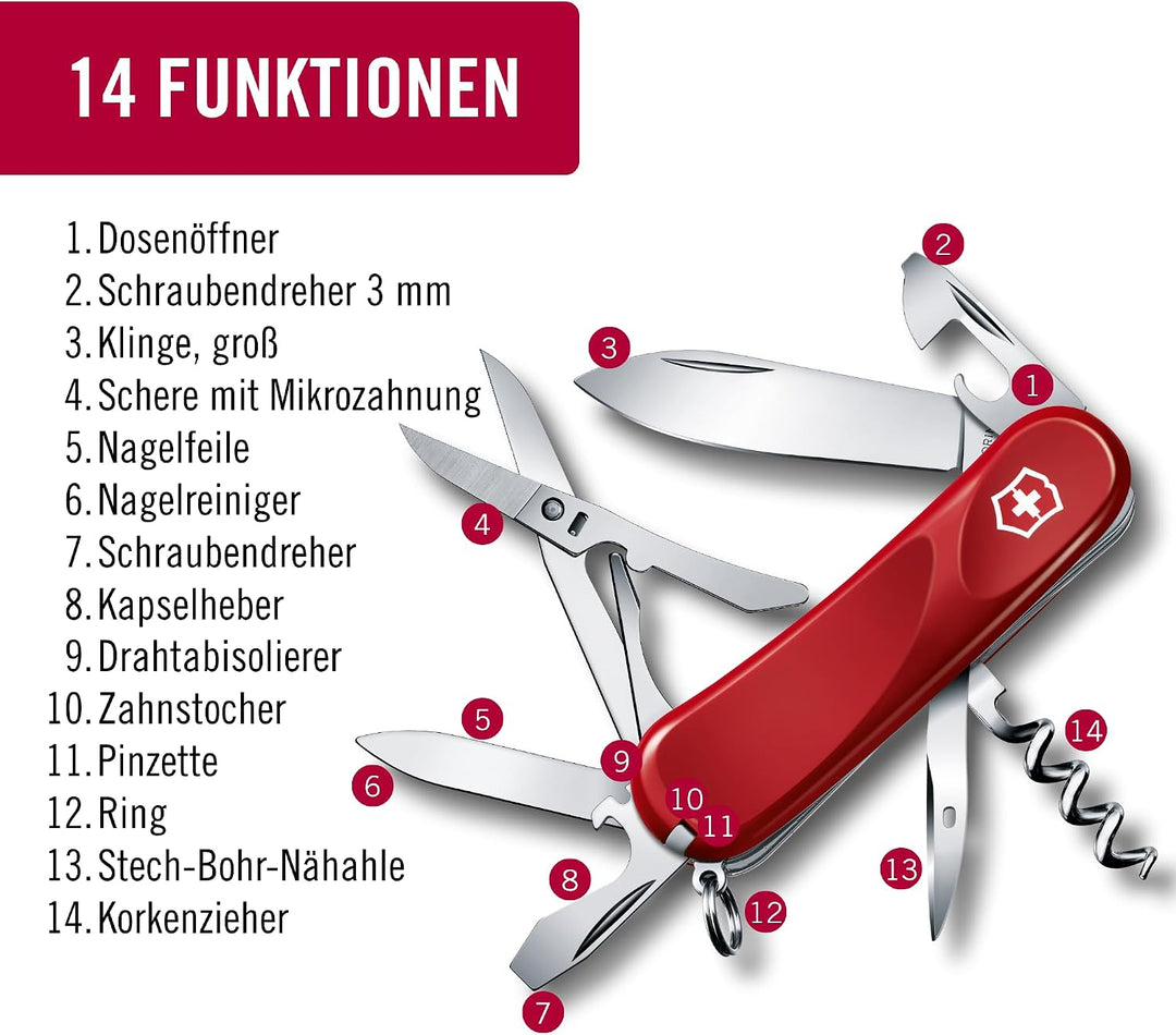 Victorinox, Schweizer Taschenmesser, Evolution 14, Multitool, 14 Funktionen, Klinge, gross, Dosenöff