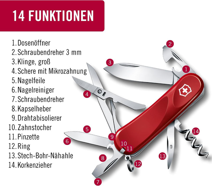 Victorinox, Schweizer Taschenmesser, Evolution 14, Multitool, 14 Funktionen, Klinge, gross, Dosenöff