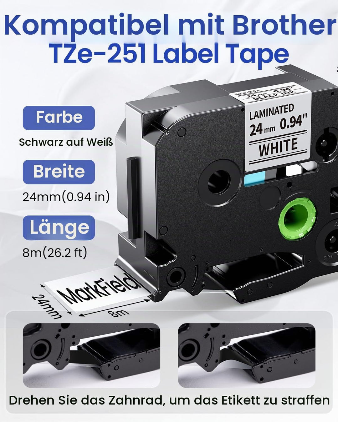 MarkField TZe-251 24mm Schriftband Kompatibel mit Brother P touch Bänder Schwarz auf Weiss TZ TZe251