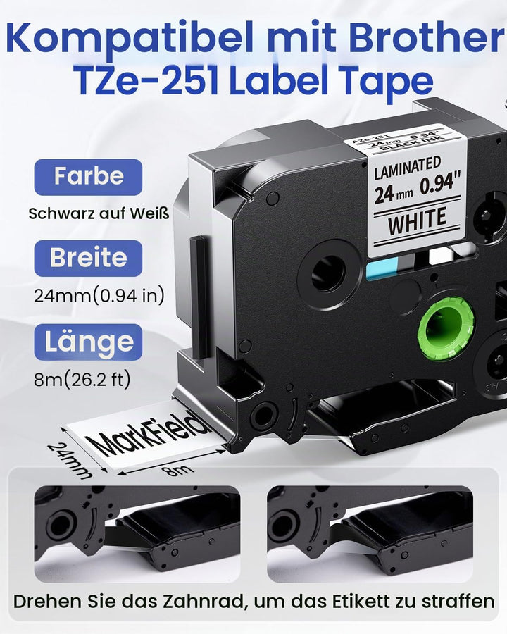 MarkField TZe-251 24mm Schriftband Kompatibel mit Brother P touch Bänder Schwarz auf Weiss TZ TZe251