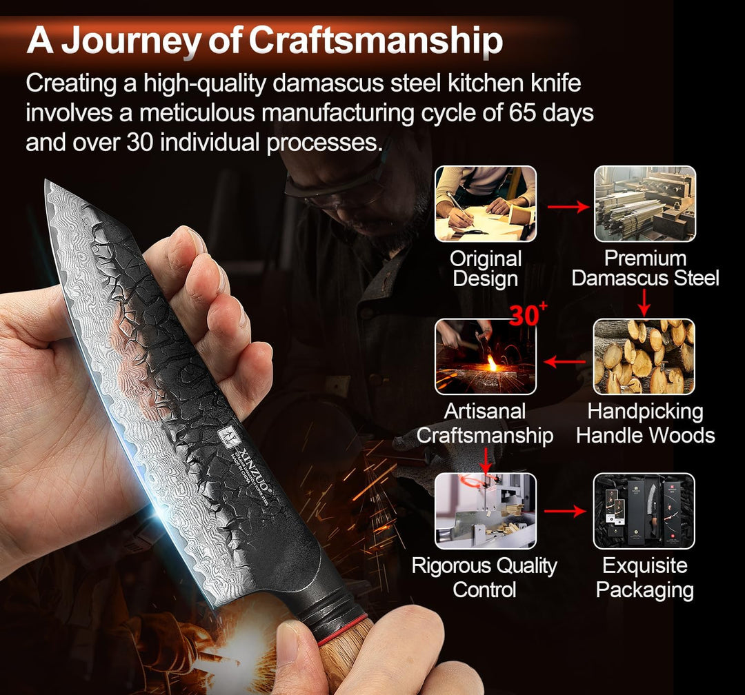XINZUO 14,5cm Santokumesser Damaststahl 10Cr15CoMoV Stahlkern -Profi Chefmesser Damaszener Stahl Küc