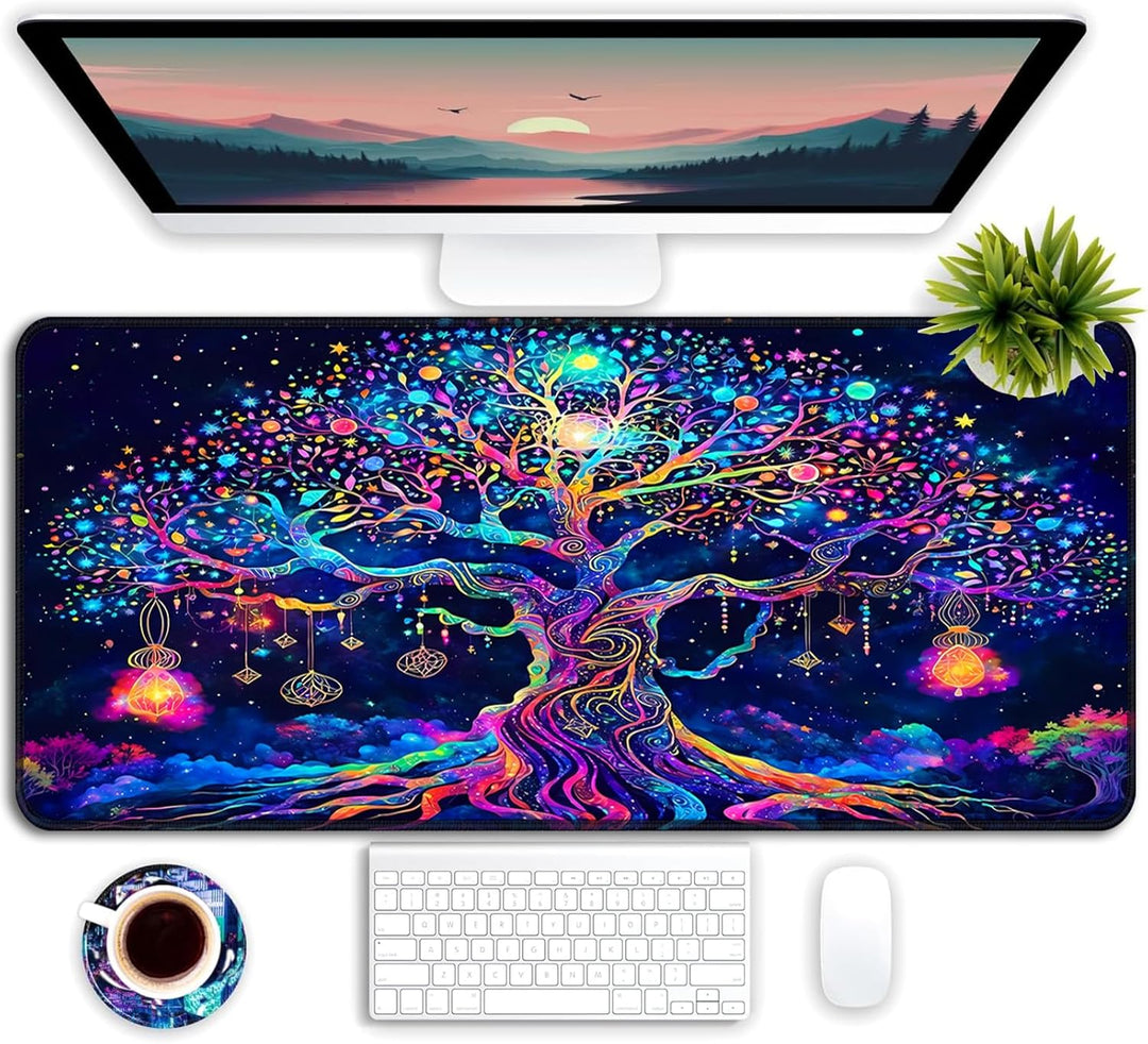 Simpkeely Bunter Baum des Lebens Mauspad, Schwarzlicht Gaming Extended Desk Pad, UV-reaktive wasserd