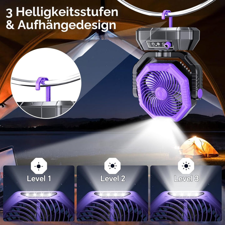 AJVV Camping Ventilator mit akku 20000mAh, Akku Ventilator mit Fernbedienung/LED Licht/270° Drehung,