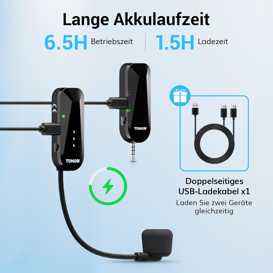 TONOR Wireless Mikrofon Headset, UHF Wiederaufladbares Drahtloses Mikrofon, 20 Kanäle mit 20m Kabell