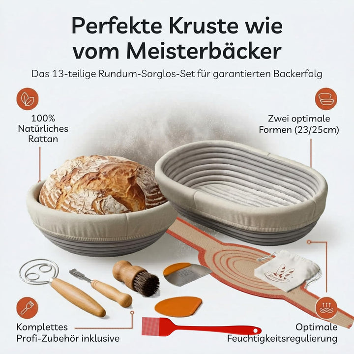Brot Gärkorb Set 13-teilig – 2x Profi Gärkörbchen Rund & Oval (23 & 25 cm) aus 100% Rattan | Komplet