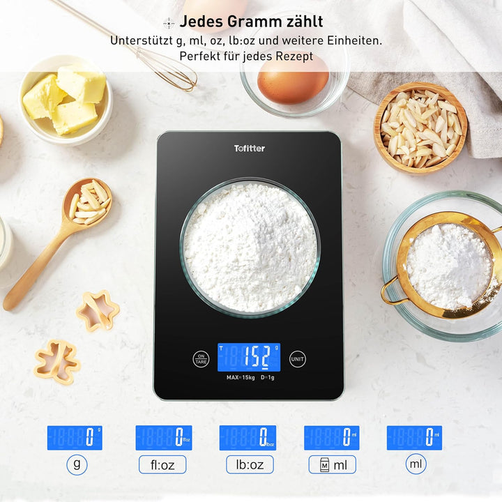 Digitale Küchenwaage, Lebensmittelwaage, 15 kg, hohe Genauigkeit, 1 g, USB wiederaufladbar, 2 AAA-Tr