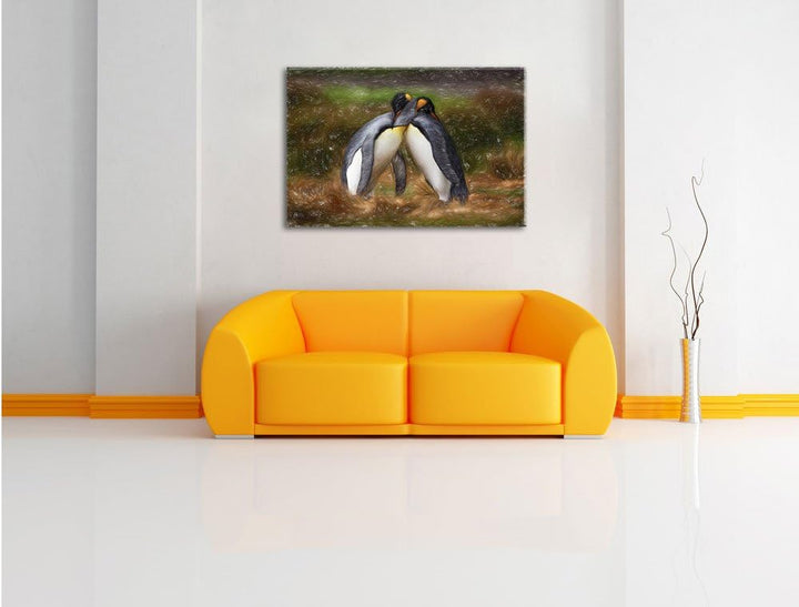 Umarmende Pinguine in der Antarktis Kunst Buntstift Effekt, Format: 100x70 auf Leinwand, XXL riesige