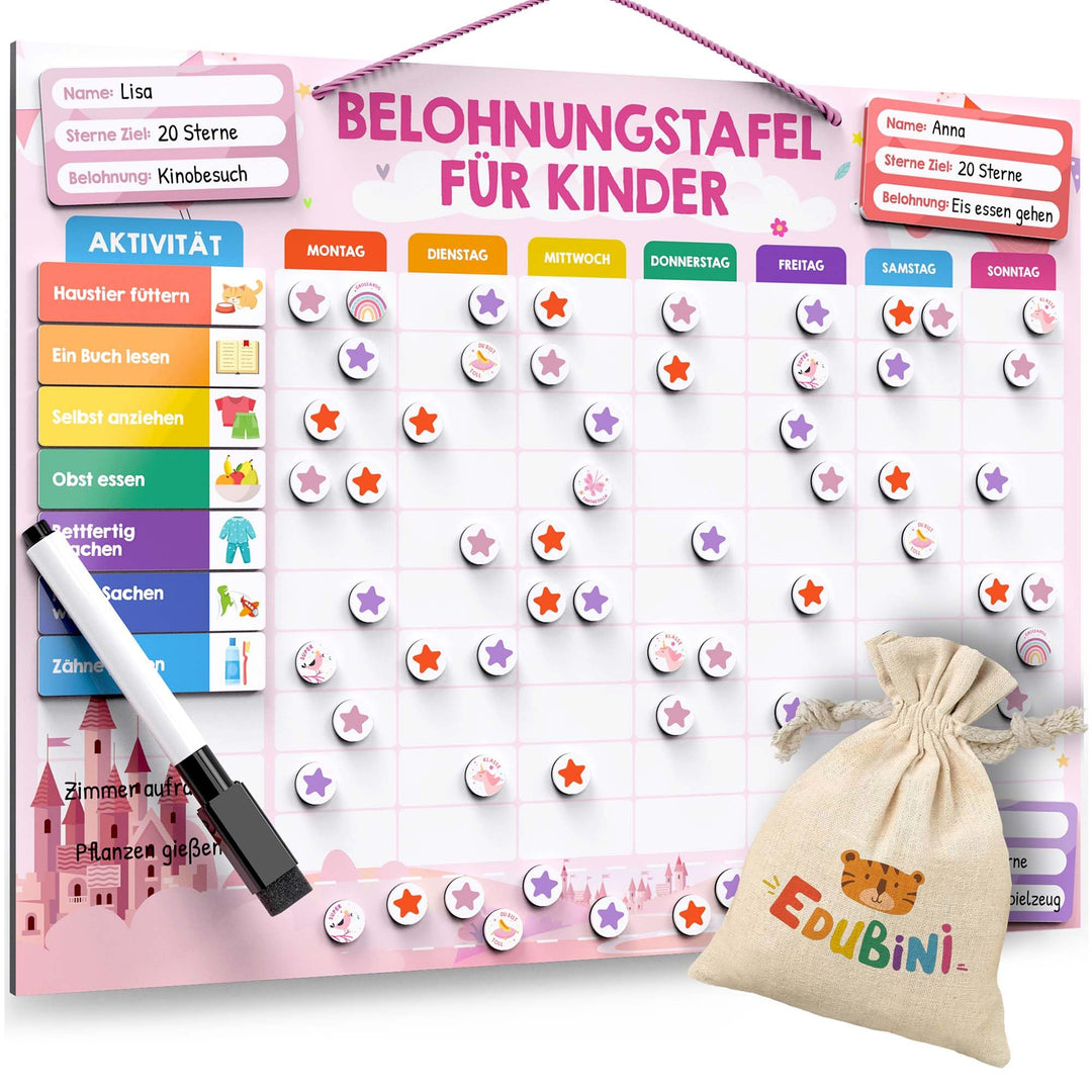 Edubini Belohnungstafel Kinder - [100 Aufgaben + 350 Magnete] - Belohnungssystem für Verantwortung -