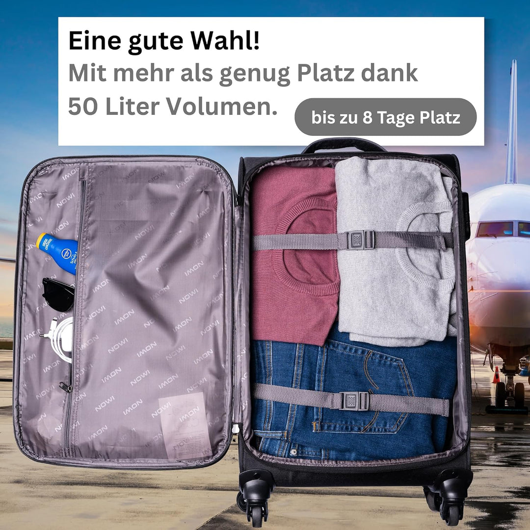 NOWI Sevilla Weichschalen Trolley L – Mittelgrosser Stoff Koffer 50L mit 4 Rollen &amp; Zahlenschloss |
