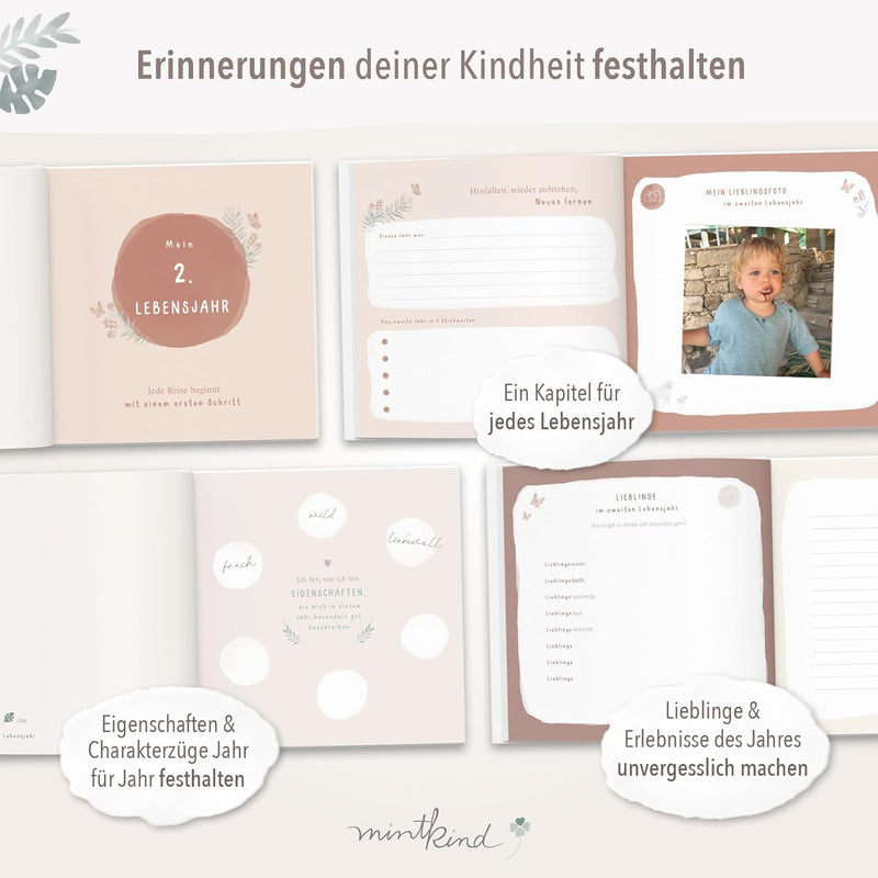 mintkind® "Meine Kindheit" Erinnerungsalbum Beige + Sticker Set I deine ersten 10 Jahre I Fotoalbum